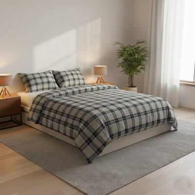 Thermal Flannelette Tartan Duvet Cover Set Warm Brushed Cotton Bedding Grey from B&Q
