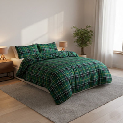 Thermal Flannelette Tartan Duvet Cover Set Warm Brushed Cotton Bedding Green from B&Q