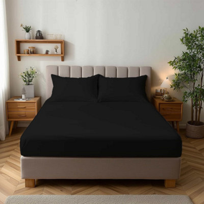 Microfibre Soft Touch Fitted Sheet 25Cm Skirt Plain Dyed Bed Linen Black from B&Q