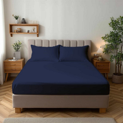 Microfibre Soft Touch Fitted Sheet 25Cm Skirt Plain Dyed Bed Linen Navy from B&Q