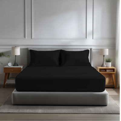Microfibre Soft Touch Fitted Sheet 40Cm Extra Deep Skirt Plain Dyed Bed Linen Black from B&Q