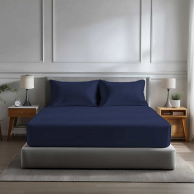 Microfibre Soft Touch Fitted Sheet 40Cm Extra Deep Skirt Plain Dyed Bed Linen Navy from B&Q