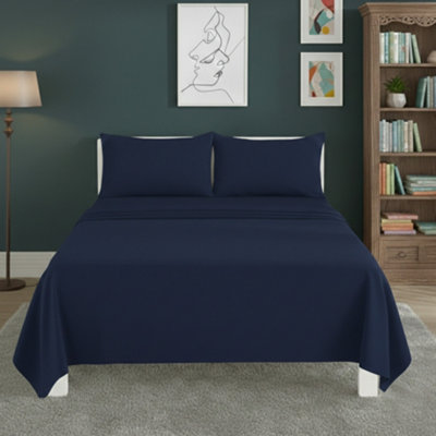 Easy Care Flat Bed Sheet Polycotton Durable Low Maintenance Bedding Navy from B&Q