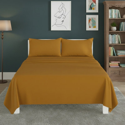 Easy Care Flat Bed Sheet Polycotton Durable Low Maintenance Bedding Mustard from B&Q