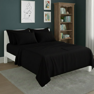 Plain Poly Cotton Easy Care Fitted Flat Sheet Matching Pillowcases Set Black from B&Q