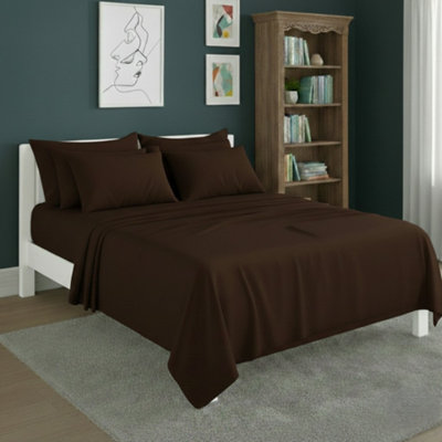 Plain Poly Cotton Easy Care Fitted Flat Sheet Matching Pillowcases Set Brown from B&Q