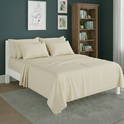 Plain Poly Cotton Easy Care Fitted Flat Sheet Matching Pillowcases Set Cream from B&Q