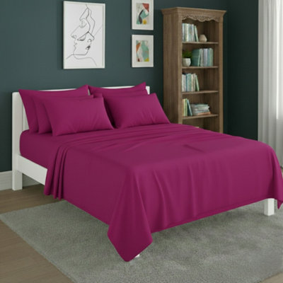 Plain Poly Cotton Easy Care Fitted Flat Sheet Matching Pillowcases Set Fuchsia from B&Q