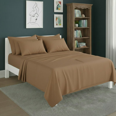 Plain Poly Cotton Easy Care Fitted Flat Sheet Matching Pillowcases Set Beige from B&Q