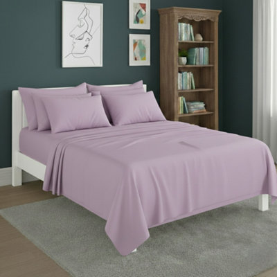 Plain Poly Cotton Easy Care Fitted Flat Sheet Matching Pillowcases Set Lilac from B&Q