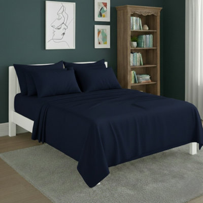 Plain Poly Cotton Easy Care Fitted Flat Sheet Matching Pillowcases Set Navy from B&Q