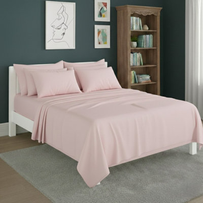 Plain Poly Cotton Easy Care Fitted Flat Sheet Matching Pillowcases Set Pink from B&Q