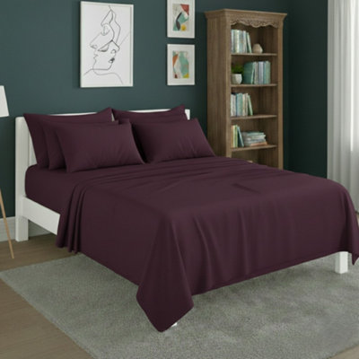 Plain Poly Cotton Easy Care Fitted Flat Sheet Matching Pillowcases Set Plum from B&Q