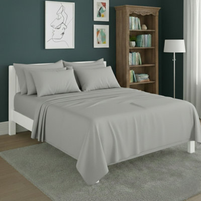 Plain Poly Cotton Easy Care Fitted Flat Sheet Matching Pillowcases Set Silver from B&Q