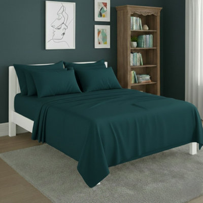 Plain Poly Cotton Easy Care Fitted Flat Sheet Matching Pillowcases Set Teal from B&Q