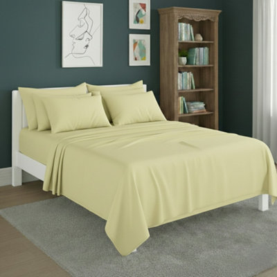 Plain Poly Cotton Easy Care Fitted Flat Sheet Matching Pillowcases Set Lemon from B&Q