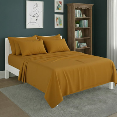 Plain Poly Cotton Easy Care Fitted Flat Sheet Matching Pillowcases Set Mustard from B&Q
