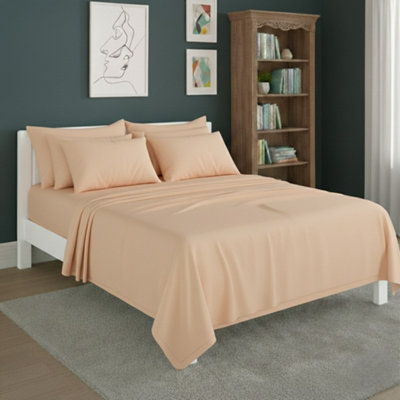 Plain Poly Cotton Easy Care Fitted Flat Sheet Matching Pillowcases Set Peach from B&Q