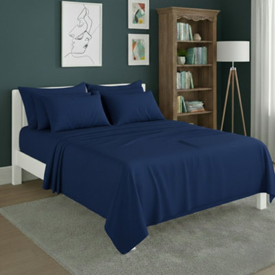Plain Poly Cotton Easy Care Fitted Flat Sheet Matching Pillowcases Set Blue from B&Q