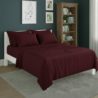 Plain Poly Cotton Easy Care Fitted Flat Sheet Matching Pillowcases Set Wine from B&Q