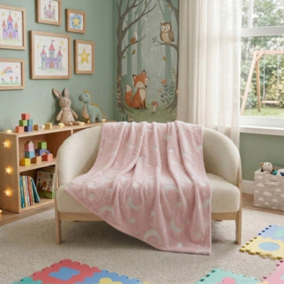 Glow In The Dark Moon Blanket Soft Galaxy Night Sky Throw For Kids Pink from B&Q