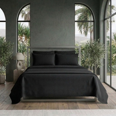 Luxury Satin Stripe T250 Cotton Rich Soft Flat Sheet Bed Linen Black from B&Q