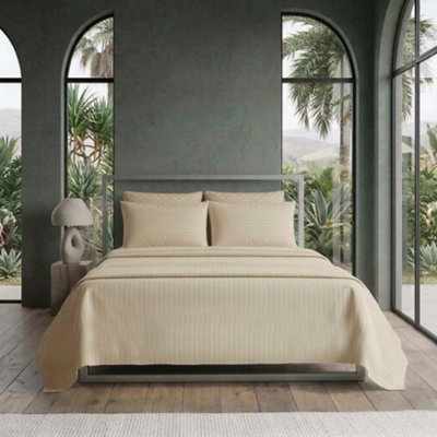 Luxury Satin Stripe T250 Cotton Rich Soft Flat Sheet Bed Linen Beige from B&Q