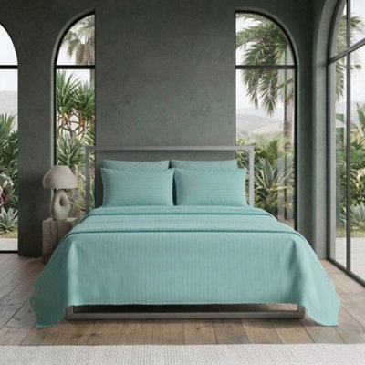 Luxury Satin Stripe T250 Cotton Rich Soft Flat Sheet Bed Linen Aqua from B&Q
