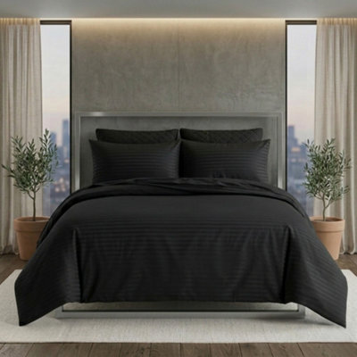 Luxury Satin Stripe Duvet Cover Set T250 Cotton Rich Soft Bed Linen Black from B&Q