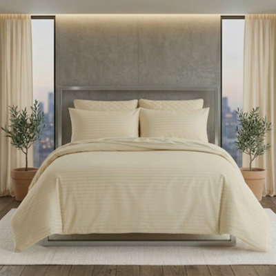 Luxury Satin Stripe Duvet Cover Set T250 Cotton Rich Soft Bed Linen Cream from B&Q