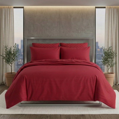 Luxury Satin Stripe Duvet Cover Set T250 Cotton Rich Soft Bed Linen Red from B&Q