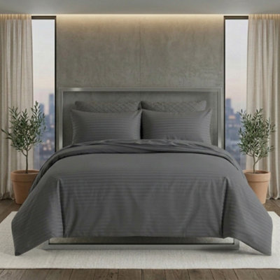 Luxury Satin Stripe Duvet Cover Set T250 Cotton Rich Soft Bed Linen Grey from B&Q