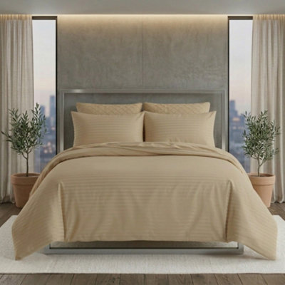 Luxury Satin Stripe Duvet Cover Set T250 Cotton Rich Soft Bed Linen Beige from B&Q