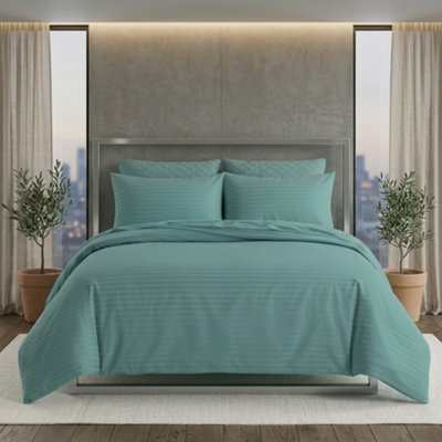 Luxury Satin Stripe Duvet Cover Set T250 Cotton Rich Soft Bed Linen Aqua from B&Q
