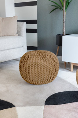  - Knitted Pouffe Chunky Round Footstool Ottoman 100% Cotton Handmade Tan