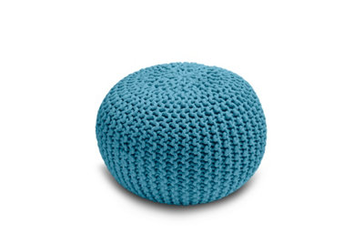 Knitted Pouffe Chunky Round Footstool Ottoman 100% Cotton Handmade Teal from B&Q