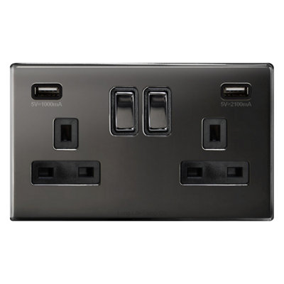 Long Life Lamps Company Black Nickel Usb Double Wall Plug Socket With 2 Usb Charger Port Screwless 2 Gang 13A N776Gme from B&Q