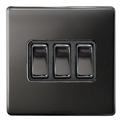 Long Life Lamps Company Light Switch 3 Gang 2 Way Polished Black Nickel Finish Screwless N306Gme from B&Q