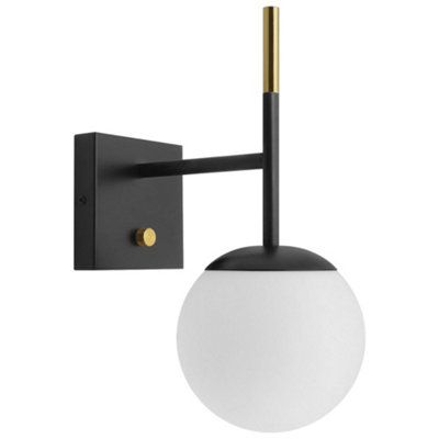 B&Q -  Modern Brass Wall Light Black Frosted Glass Globe Sconce H3125