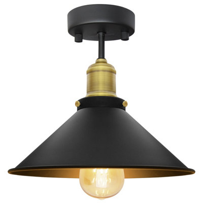 Long Life Lamps Company Modern Vintage Industrial Flush Mount Ceiling Light Brass Black Scone Shade M0033 from B&Q
