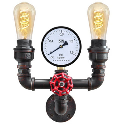 Long Life Lamps Company Twin Vintage Industrial Pipe Wall Light With Gauge Valve Tap M0190P from B&Q