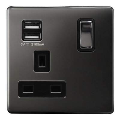 Long Life Lamps Company Black Nickel 1 Gang Usb Switch Socket Screwless 13A Twin Port N501Gme from B&Q