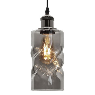Long Life Lamps Company Vintage Smoked Grey Twisted Cylinder Glass Ceiling Pendant Lamp M0242 from B&Q