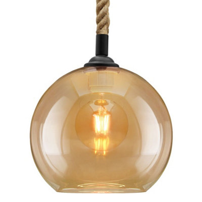 Long Life Lamps Company Vintage Industrial Amber Smoked Rope Glass Globe Ceiling Pendant Lamp H3007 from B&Q