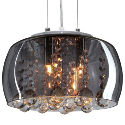 Long Life Lamps Company Modern Ceiling Crystal Droplet Pendant Light Smoked Grey Glasslamp Shade Drum H3010 from B&Q