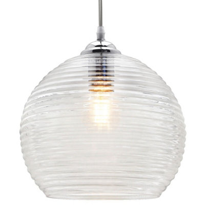 B&Q -  Modern Ceiling Globe Glass Pendant Lamp Shade Clear Rib H3026