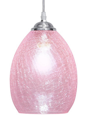 Long Life Lamps Company Retro Chrome Ceiling Pendant Light Fixture Pink Cracked Glass Oval Lamp Shade H3056 from B&Q
