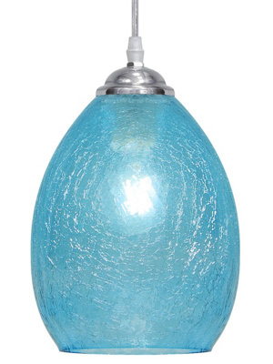 Long Life Lamps Company Retro Chrome Ceiling Pendant Light Fixture Blue Cracked Glass Oval Lamp Shade H3057 from B&Q