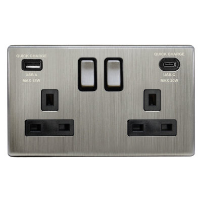 Long Life Lamps Company Usb Double Socket With 2 Usb Charger Port Brushed Chrome Plate Quick Charge Pd20W N4118-20Wdme from B&Q