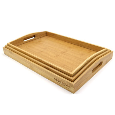 Set Of 3 Bamboo Trays Wooden Serving Platters Raised Edges & Handles from B&Q